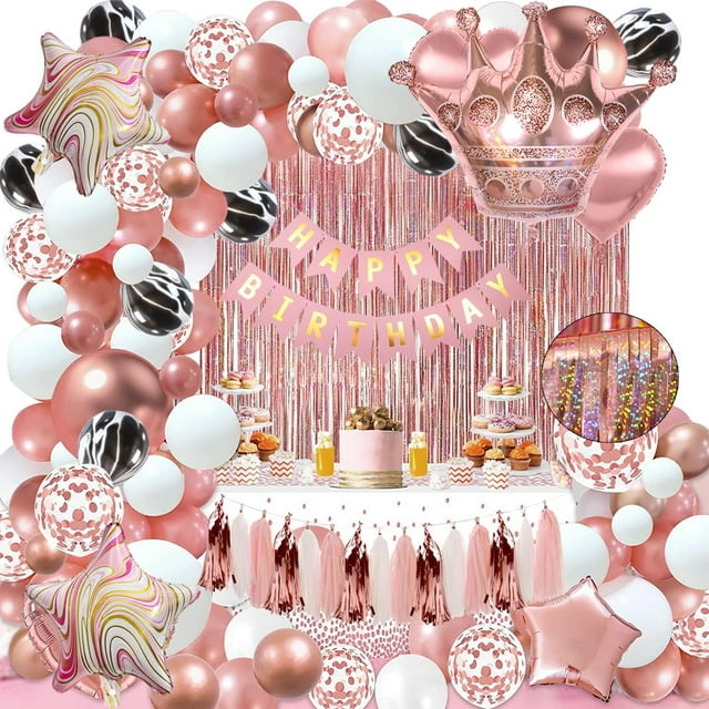 118pcs rose gold balloon decoration with filling pump, pink gold party balloons, sparkling rose gold bachelor party decoration balloons, happy birthday party supplies for ladies and girls