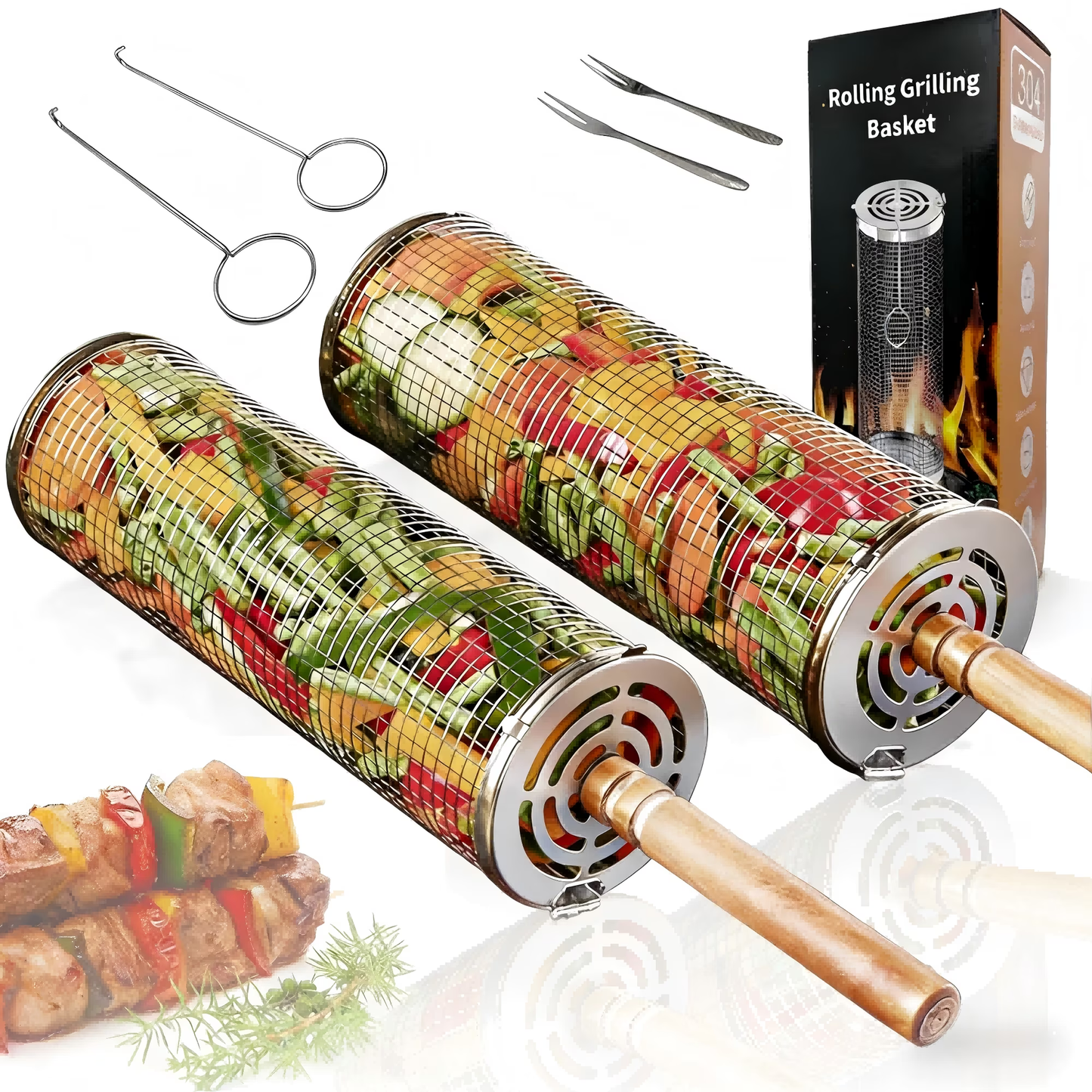 YUOFD Rolling Grill Basket, Removable Wooden Handle, 304 Stainless Steel Nesting BBQ Tools for Outdoor Camping, Smoker Grilling Accessories for Vegetable,Ideal Gifts for Dad Husband