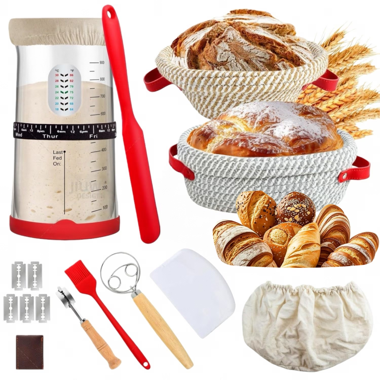 Sourdough Starter Kit, Bread Baking Supplies Bread Proofing Basket Set, 9" Round & 10" Oval, 34oz Starter Jar for Bread Making Fermentation