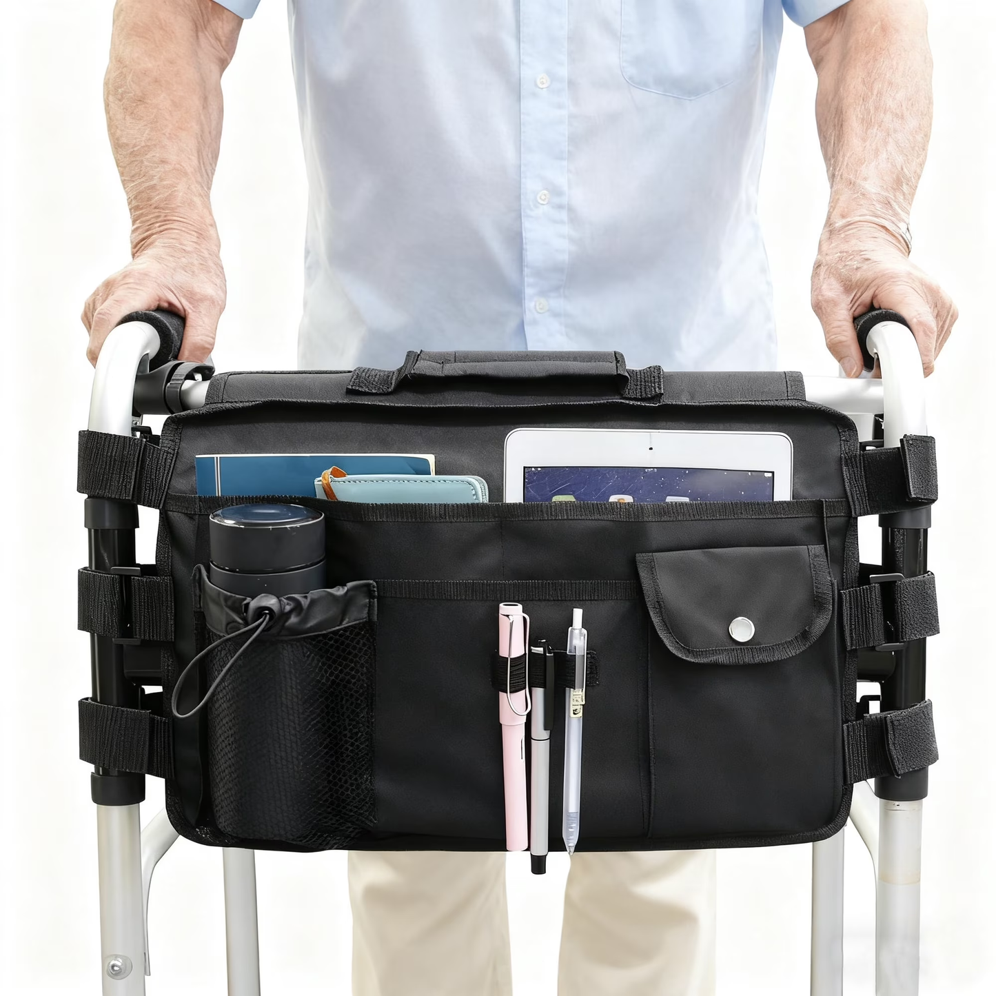 Upgraded Walker Bag for Folding Walker, Double Sided Walker Basket with Multi Pockets Cup Phone Holder Large Capacity Storage Basket for Seniors Walkers, Rollators