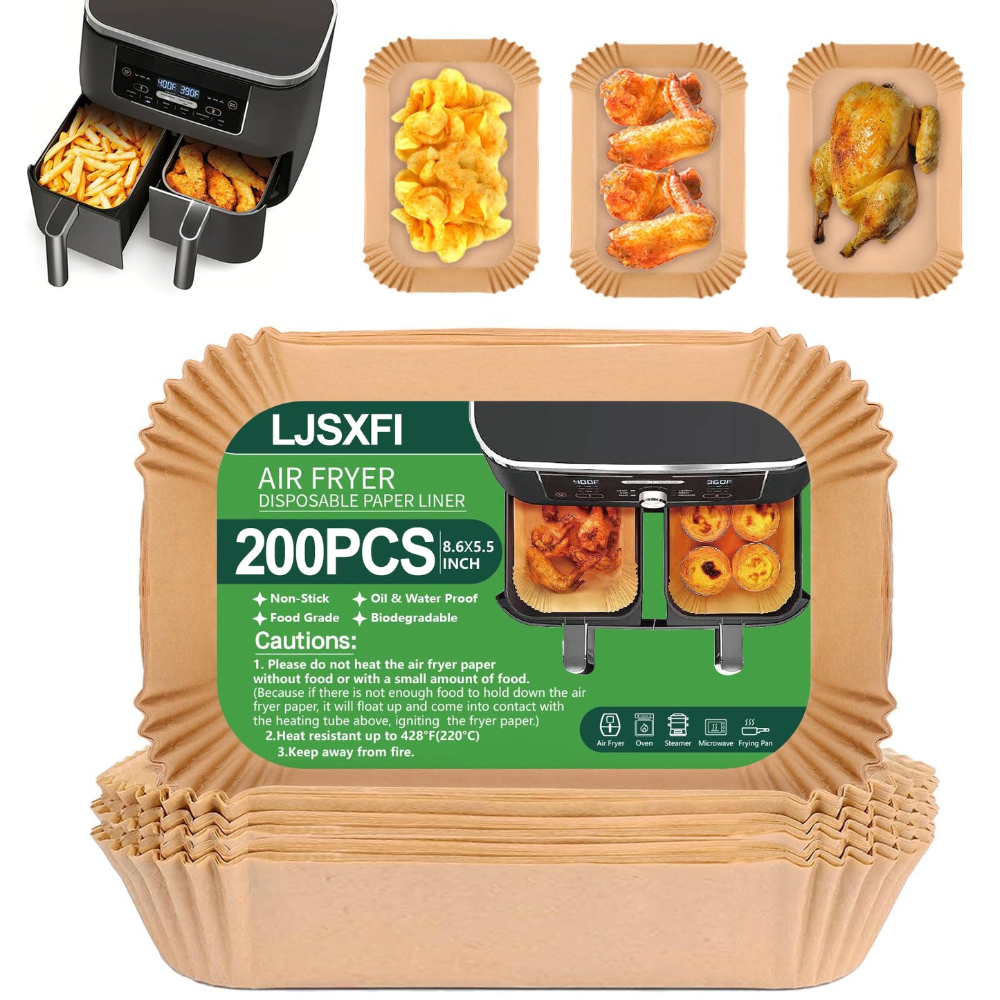 LJSXFI Air Fryer Paper Liners 200Pcs, 8.6x5.5'' Rectangle Liners, Disposable Parchment Paper Liner, Non-Stick Air Fryer Accessories Baking Paper