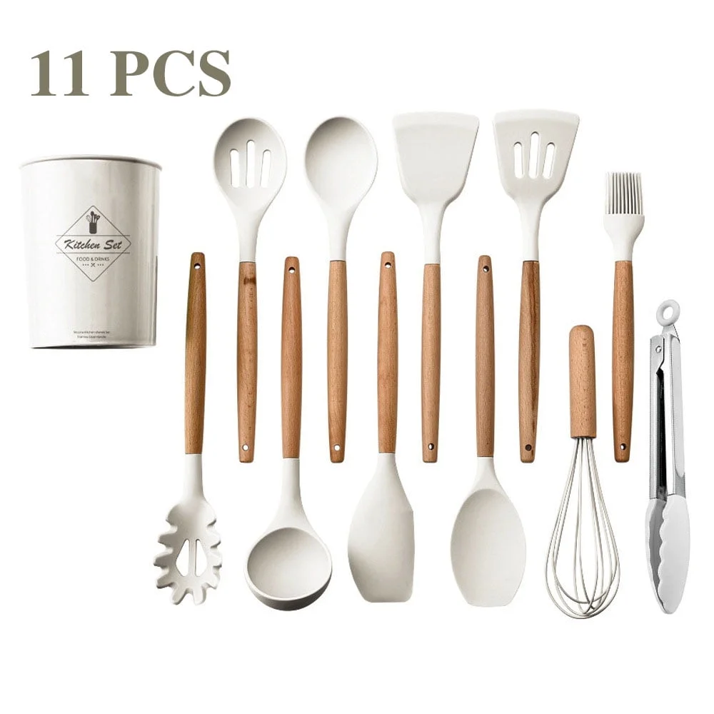 11 Pcs Silicon Cooking Utensils Set for Kitchen, 446 F Heat Resistant Non Stick Cooking Set with Storage Bucket, Wooden Handle, Spatula Turner, Spoon, Tongs Whisk