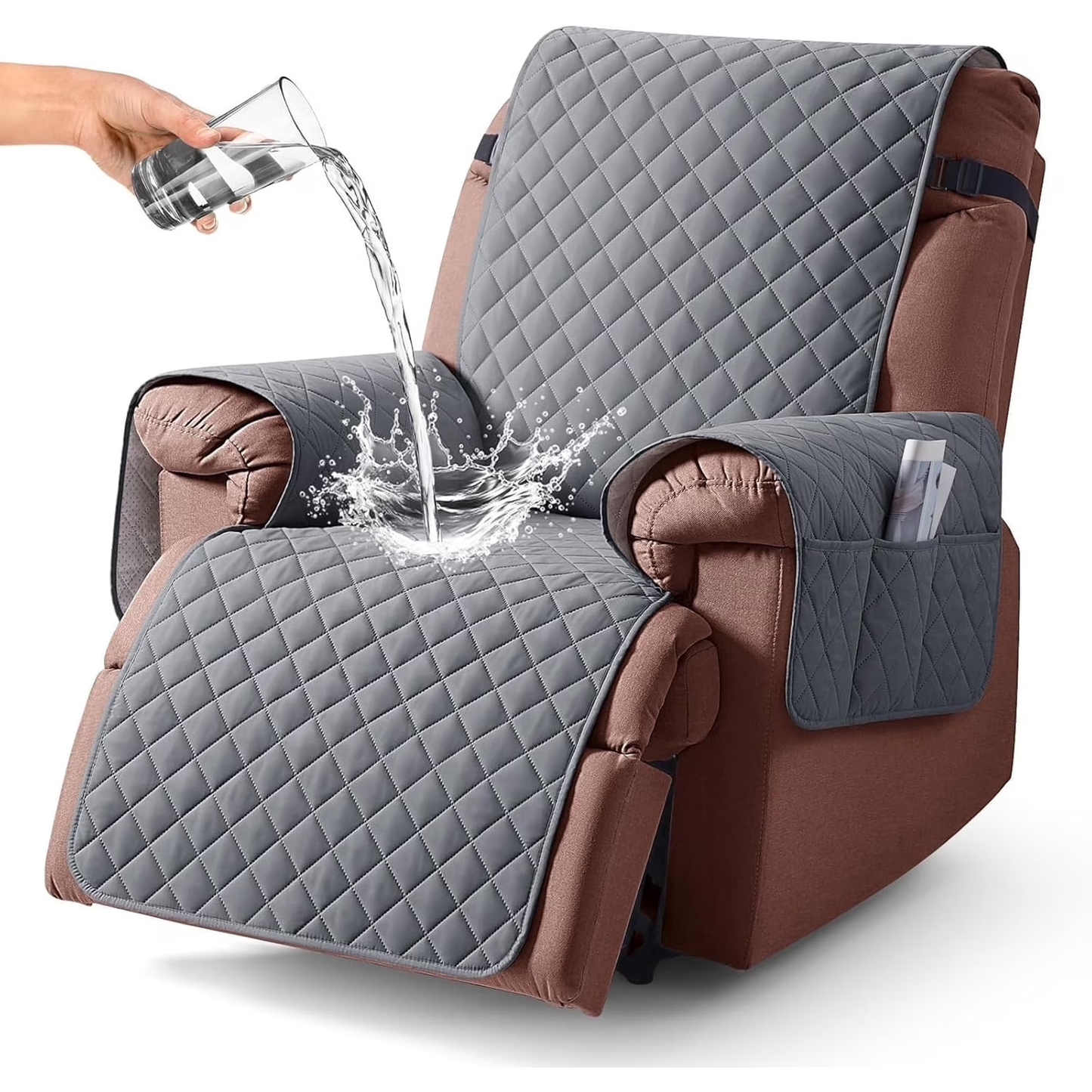 Recliner Chair Cover, Reversible Chair Cover Slipcover Waterproof Couch Cover Recliner Furniture Protector with Elastic Straps, Pockets Non-Slip Washable Pet Cover for Dogs Cats(23.6", Dark Grey)