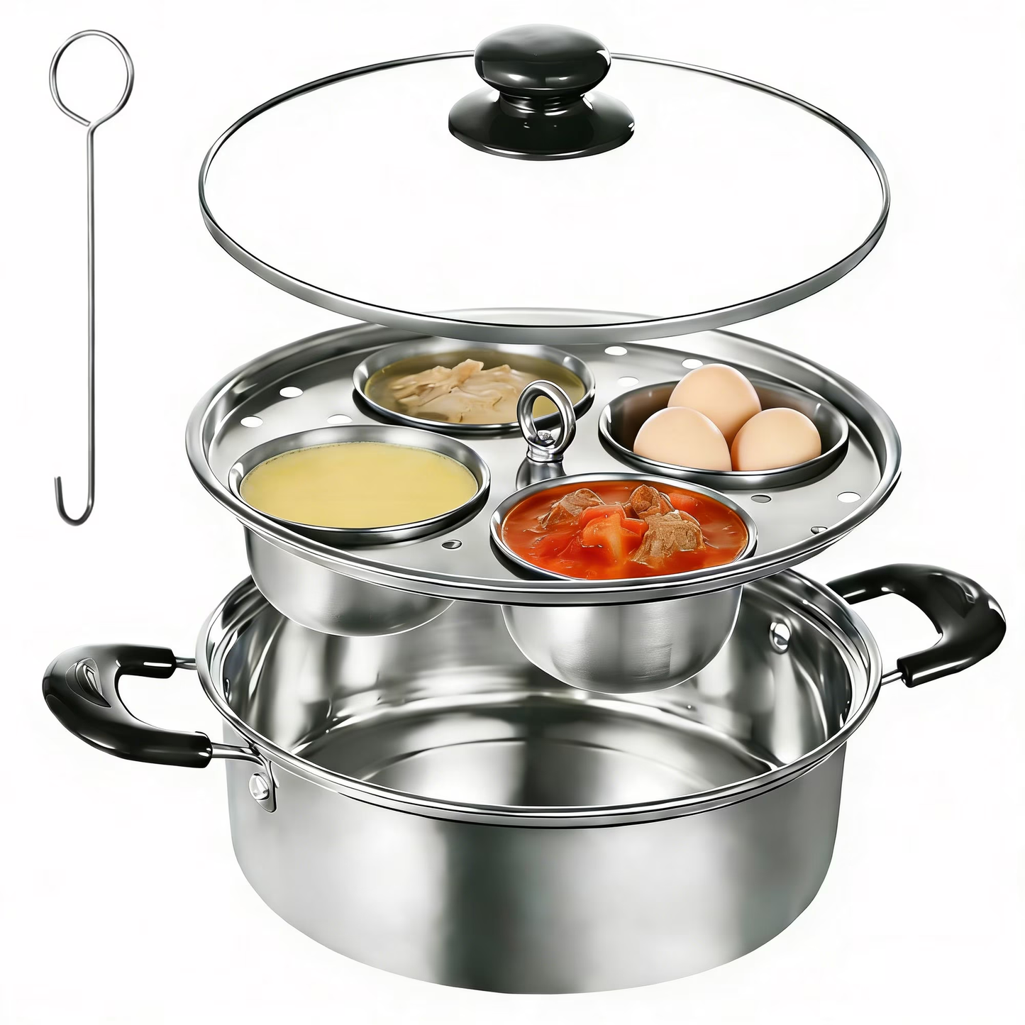 Egg Poacher Pan, Stainless Steel Poached Egg Maker Pan with 4 Cups Poached Egg Cooker Nonstick for Kitchen (Without Coating)