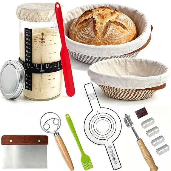 QIYFDDF Sourdough Starter Kit, 9" Round & 10" Oval Banneton Baskets, Complete Sourdough Baking Tools with Glass Starter Jar, Perfect Gifts for Beginners & Home Bakers