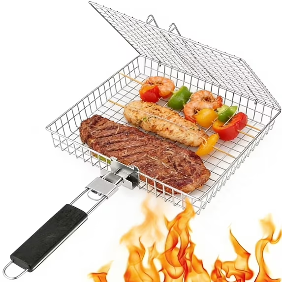 KAMZSZMF Grill Basket Set, Grill Baskets for Outdoor Grill, Stainless Steel Folding Portable Outdoor Camping Rack for Meat, Fish, Shrimp, Vegetables, Cooking Accessories