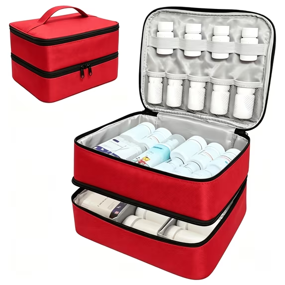 ZHIJYBO Medicine Organizer and Storage Bag Case Empty, Double Layers Pill Bottle Organizer Bag for Emergency Medication, Supplements or Medical Kits, Zippered Medicine Bag for Home and Travel(Red, M)