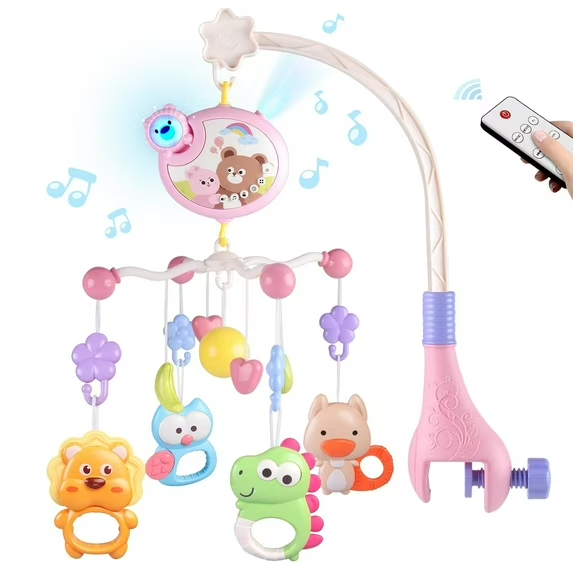 Baby Mobile for Crib with Music and Lights, Rotating Crib Mobile with Projector, Remote Control, Teether Rattle Toys, Smart Timer for Newborns and Toddlers