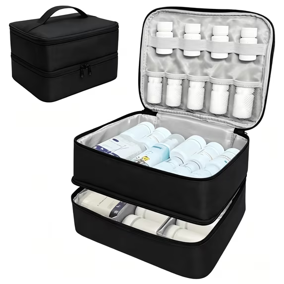ZHIJYBO Double Layers Medicine Bag Organizer, Pill Bottle Organizer Storage Bag with Lockable Zipper&Adjust, Medication Travel Bag for Pills, Medical Supplies for Home Storage, Travel(Black, M)