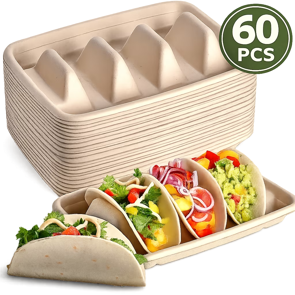 60PCS Disposable Taco Holders –3 Compartments Biodegradable Taco Plates Taco Stands Stackable Taco Plates Reusable Plates Microwave Safe for Taco Pita Bread Party