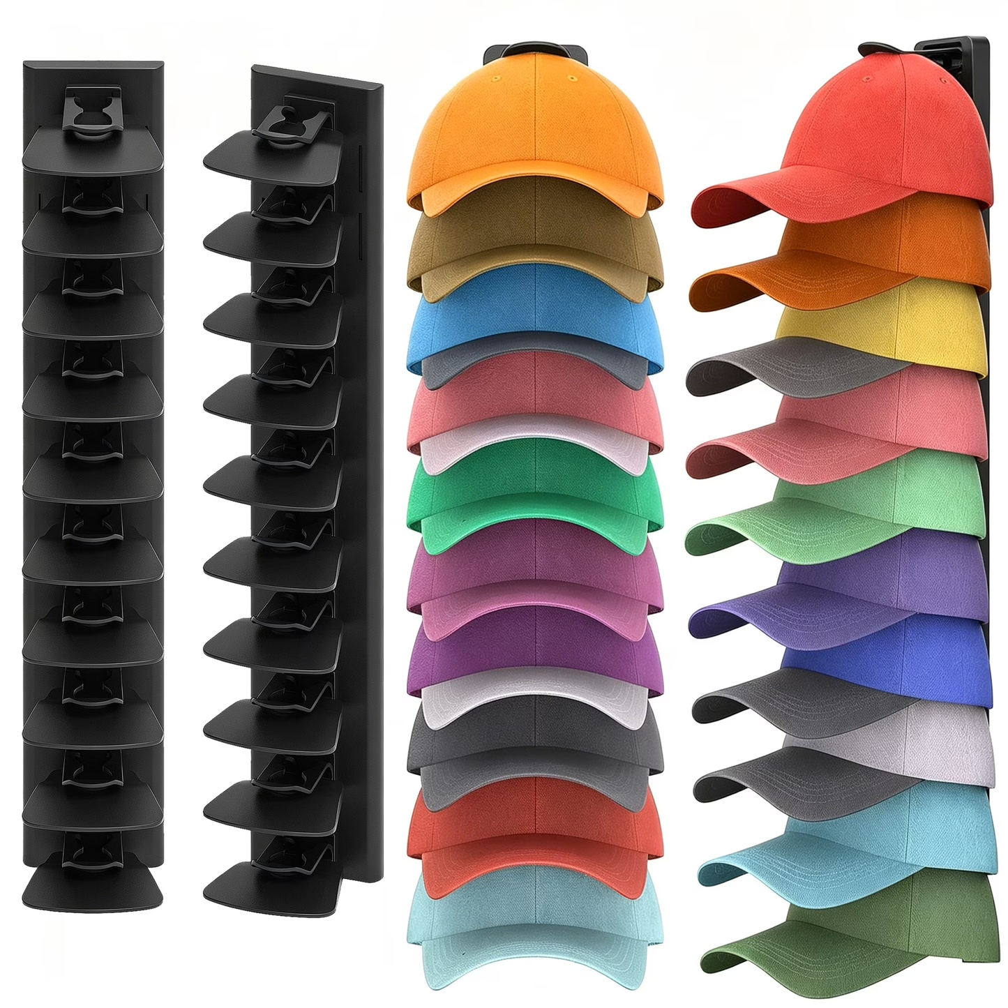 QIYFDDF 2 Pack Hat Organizer for Baseball Caps, Detachable Hat Rack Hold up to 40 Hats, Hat Hanger with Strong Adhesive Hat Storage Holder Display for Closet Door and Wall (Black)