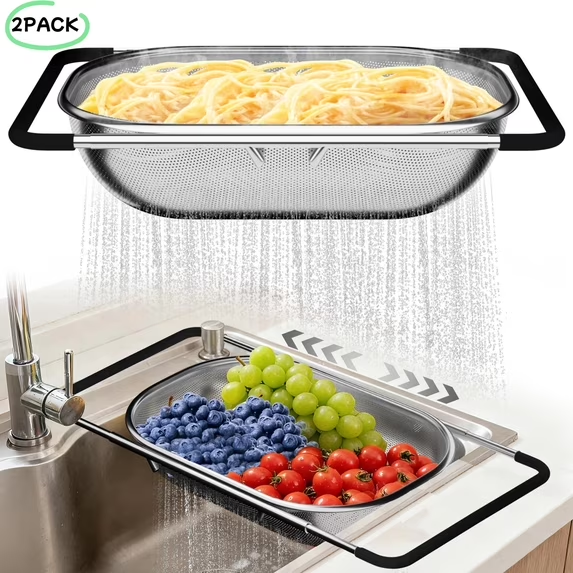 YUOFD Expandable Over The Sink Colander Set,6 & 8 Qt Large Collapsible Strainer Basket,Stainless Steel Colander Strainer for Pasta with Non-Slip Handles, Collapsible fruit & Vegetable Basket