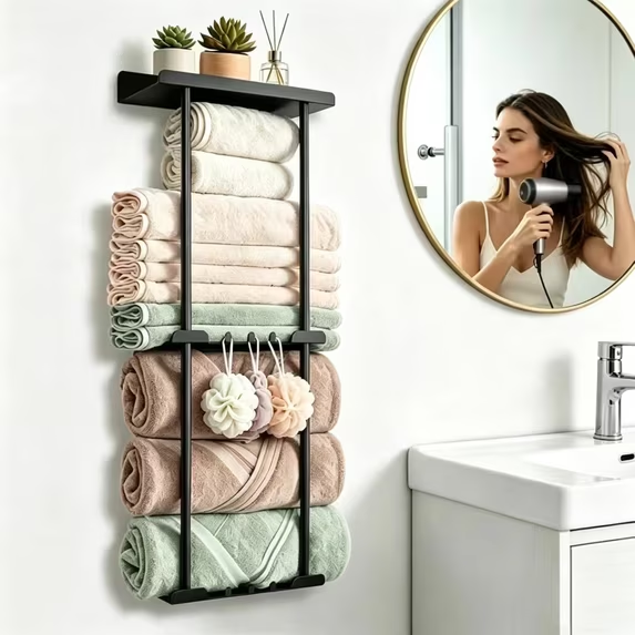 QIYFDDF Wall Towel Rack for Rolled Towels 3 Tier Metal Towel Holder 6 Hooks, 31.5in High Wall Mounted Towel Storage, 6 Large Bath Towels Capacity , Vertical Towel Storage Organizer Holder Black