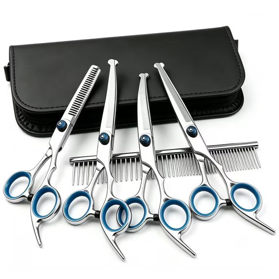 6-in-1 Dog Grooming Scissors Kit, Stainless Steel Dog Scissors for Grooming with Curved Scissors & Comb, for Home & Professional Pet Grooming, Blue
