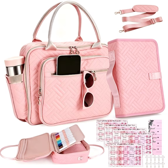 Large Bible Tote Bags with Bible Cover Case for Women, Quilted Carrying Case with Handles Shoulder Strap, Bible Study Supplies Accessories Christian Gifts for Women Mom Teacher (Pink)