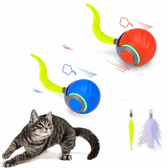 2Pack Interactive Cat Toy Ball - Automatic Interactive Cat Toys for Indoor Cats with 2 Tails, 2 Speeds Rechargeable Enrichment for Small/Medium/Large to Keep