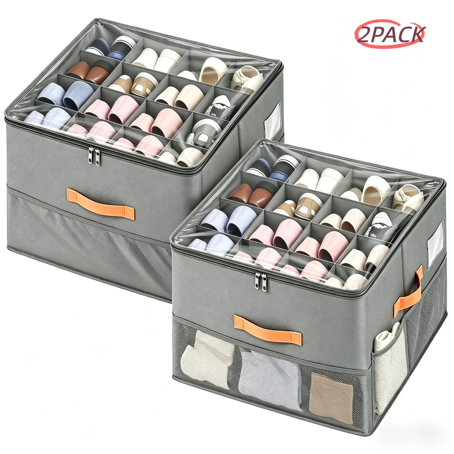 ZHIJYBO 2 Pack Shoe Organizer for Closet,Foldable Shoe Storage Bins with Clear Cover,Space Saving Shoes Holder with Handles,Large Shoe Box Storage Containers,Fits up to 32 Pairs