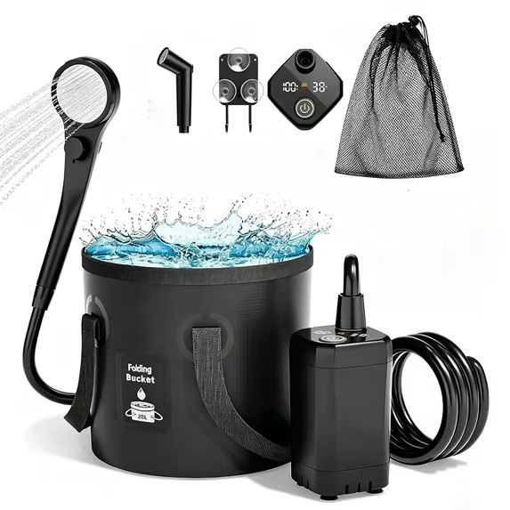 QIYFDDF Portable Camping Shower ,6000mAh Rechargeable Pump Filtered Shower Head & Spray Gun Head 5 Gallons / 20L Foldable Bucket Shower for Hiking Beach Travel Pet Bath Car Washing