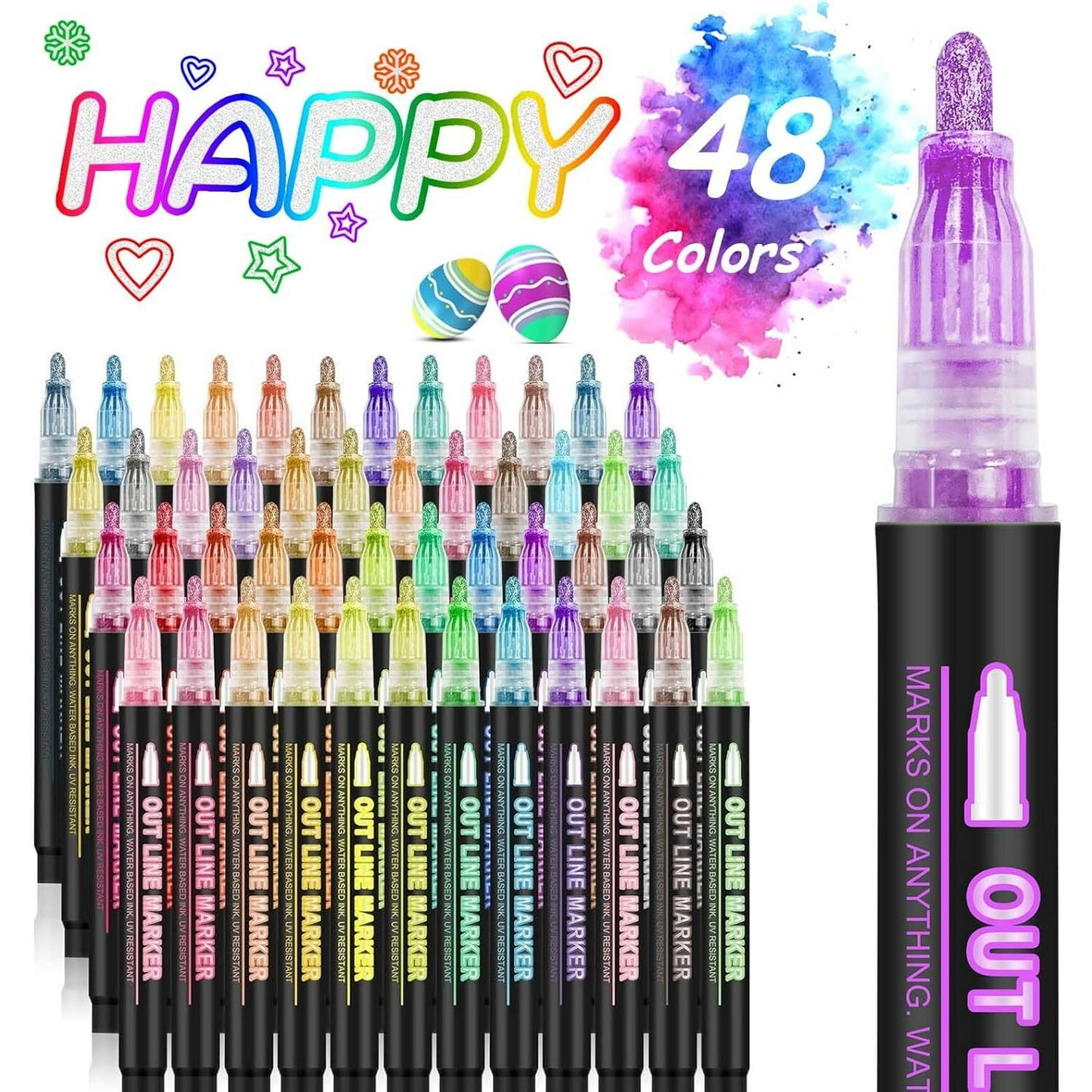 48 Colors Shimmer Markers Metallic Glitter Pens Set Sparkle Gift Present Doodle Drawing Supplies Art Craft