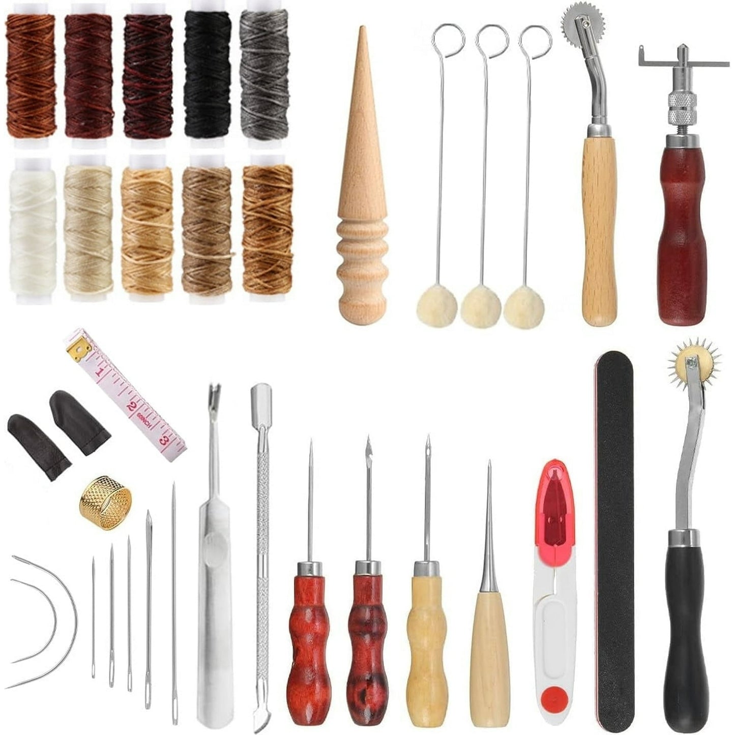 Leather Working Tools and Supplies, Leather Tooling Kit with Waxed Thread Awl Prong Punch Groover Tracing Wheel Punch Leather Working Kit for Beginners DIY Sewing Craft