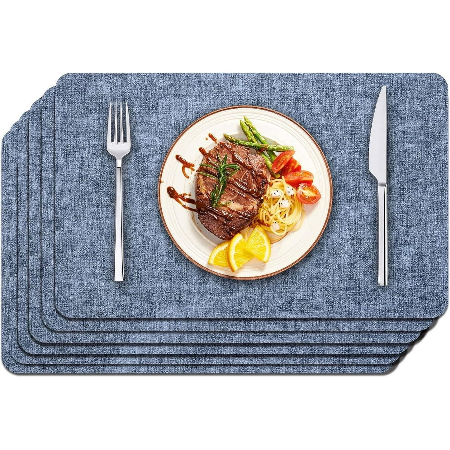 Placemats Set of 6, ANUNU Heat Resistant Place Mats, Washable PVC Table Mats, Woven Vinyl Plastic Placemats for Dining Table, Non-Slip Stain Resistant Kitchen Table Placemats ,17’’×12’’, Blue