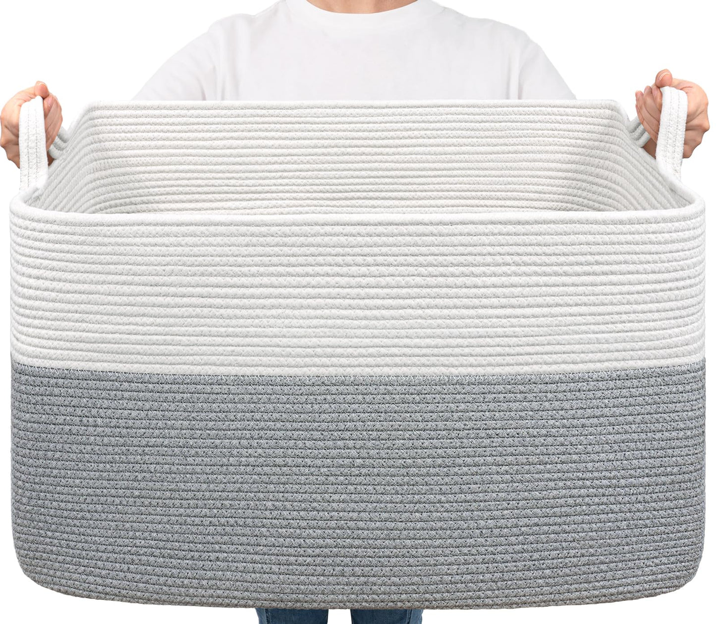 LJSXFI Large Blanket Basket, 72L Rectangle Woven Baskets for Storage, Laundry Basket, 22’’*17’’*12’’, White and Gray