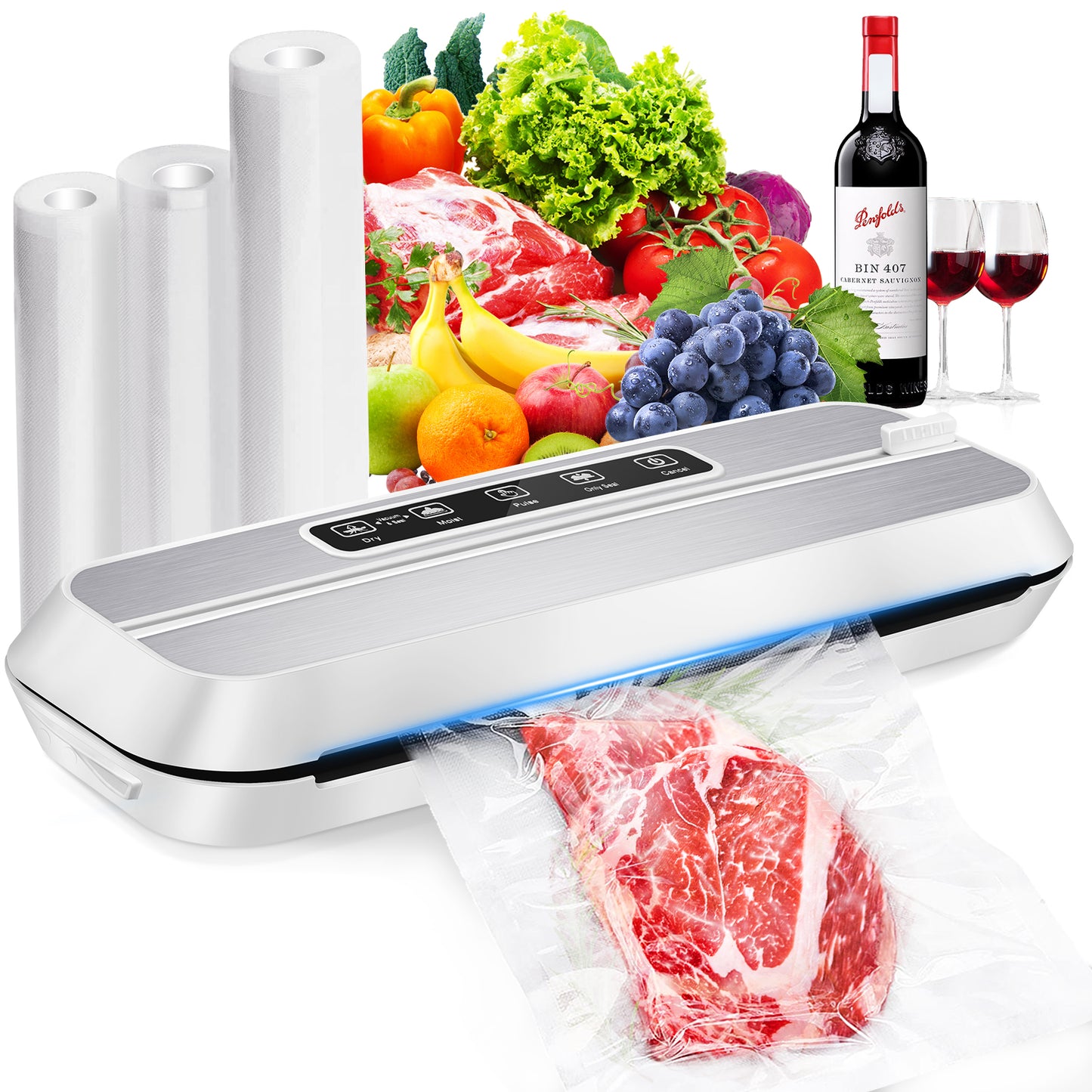 Vacuum Sealer Machine, Automatic Air Sealing Food Sealer for Food Storage, with Build-in Cutter,Moist Mode,Air Suction Hose Sous Vide，Send 3 rolls of sealed bags