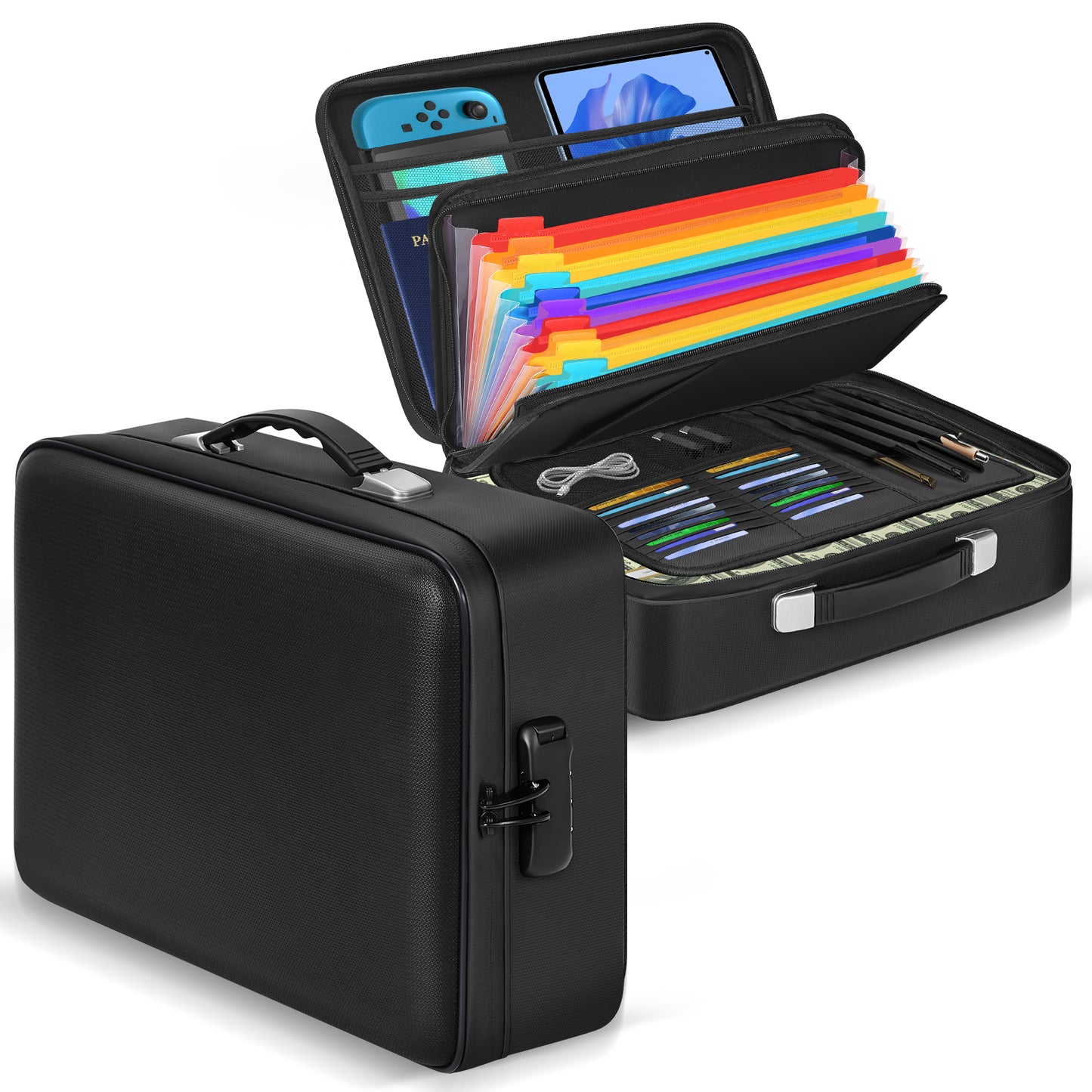 Fireproof Document Box With Combination Lock， Panbear Fire Proof Safe For Home Documents Fireproof Water Resistant Hard Case Safe Box For Important Documents Certificates Laptop Passports (Black)