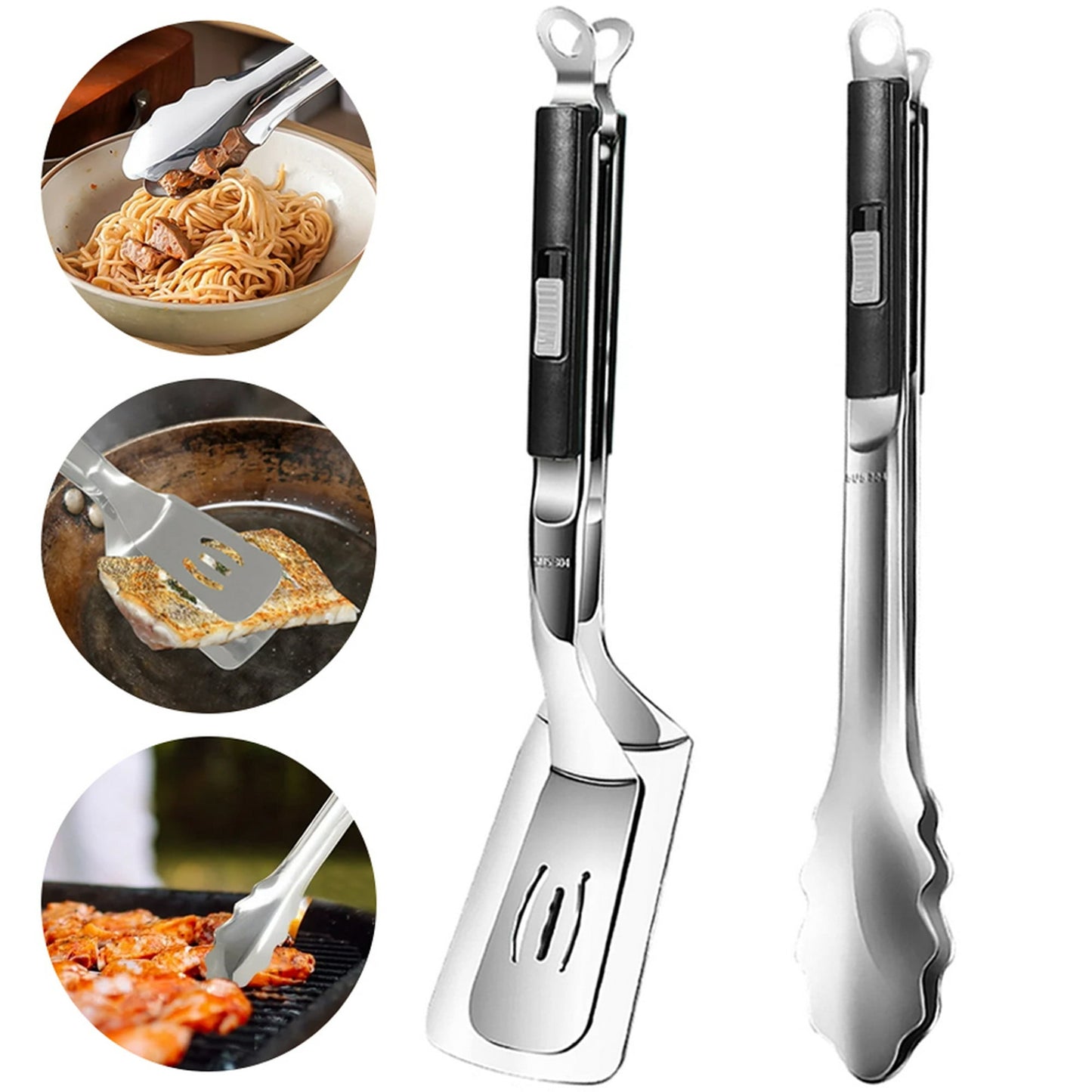12Inch Grill Tongs for Cooking ，ANUNU Heavy Duty Extra Long Grilling Tongs, 2 Pcs Turner Tong Set