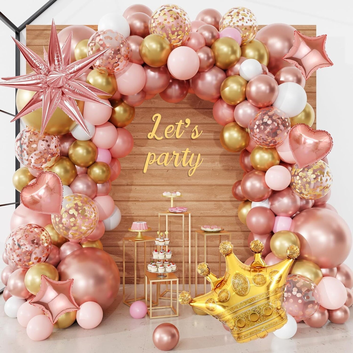 154pcs Rose Gold Balloon Arch Garland Set, Pink and Gold Confetti Balloons with 4D Starburst Crown Girl Birthday Bride Bachelorette Birthday Party Decorations