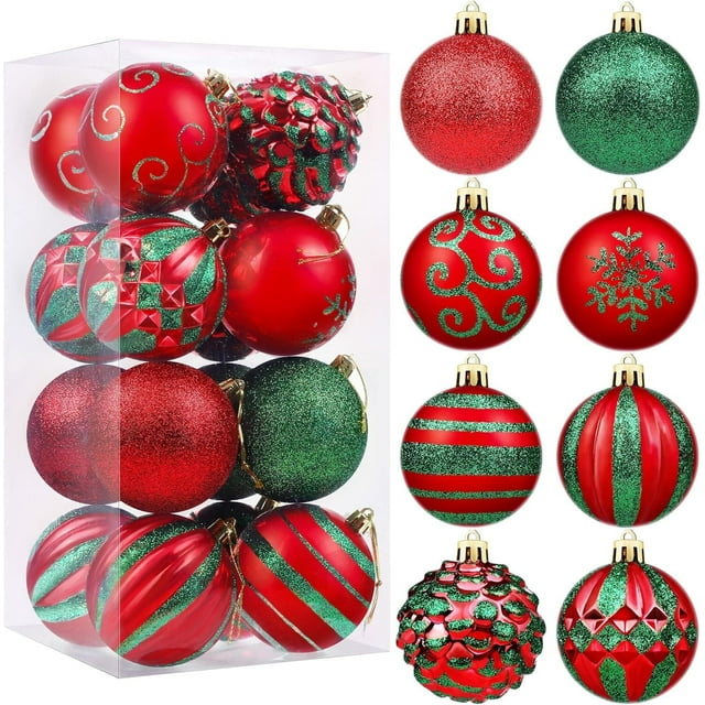 16 Pieces 3.15 Inches Christmas Ball Ornaments Plastic Shatterproof Decorative Balls Christmas Tree Decorations Hanging Baubles for Christmas Decoration, Red and Green