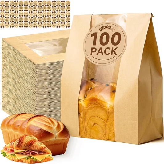 100 Bread Bags for Homemade Bread,YUYAFN Windowed Sourdough Bread Bags,Large Kraft Bread Baking Storage Paper Bags for Storing Portioned Bread,Cookies,Snacks,13.7*8.2*3.5in,Includes 100 Stickers