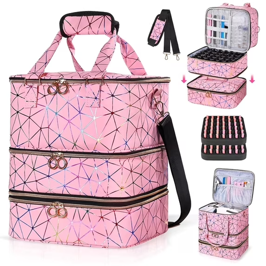 YAYUFN Nail Polish Organizer Bag, 3-Layer PU Leather Nail Organizer and Storage Holds 84 Bottles 15ml/0.5fl.oz and Nail Lamp,Large Holder Travel Carrying Case,Pink