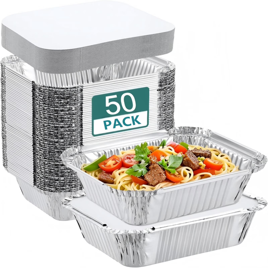 YUOFD Aluminum Pans with Lids (50Pack, 8.6"×6.3") Foil Food Containers with Lids, Heavy-Duty, Small, Aluminum, Disposable Tin Foil Pans - for Baking, Meal Prep, Freezer& Takeout Needs!