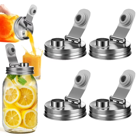 Mason Jar Pour Lid,YAYUFN - 4PCS Regular Mouth Stainless Steel Mason Jar Flip-Top Pour Lid,Anticracking and Leak-Proof - Sealed Storage for Homemade Fruit Wine,Beverages,and Salad Dressing