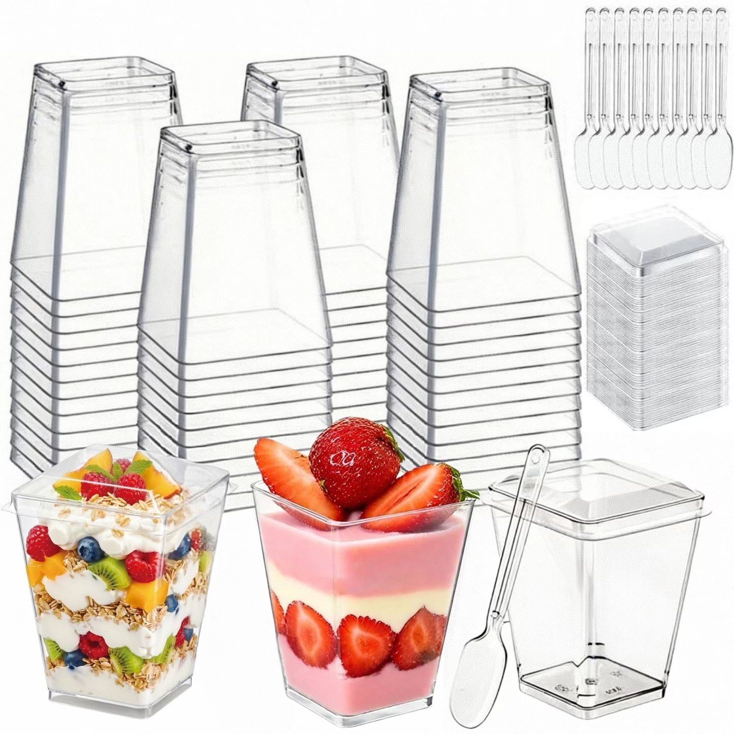 50 Pack 5 oz Plastic Dessert Cups Lids and Spoons, Yogurt Parfait/Appetizer Cup Pudding Cups for Party, Clear Mini Dessert Shooter Cups for Fruit, Cake, Ice Cream