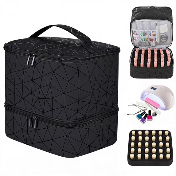 Nail Bag Organizer Case - Double Layer Nail Tool Storage Case,Holds 30 Bottles (15ml/0.5 fl oz) of Nail Polish And Nail Lamp,with Handle Nail Polish Carrying Case Nail Polish Storage Bag