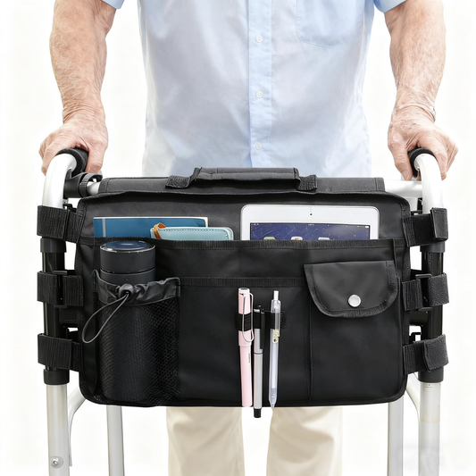 Upgraded Walker Bag for Folding Walker, Double Sided Walker Basket with Multi Pockets Cup Phone Holder Large Capacity Storage Basket for Seniors Walkers, Rollators