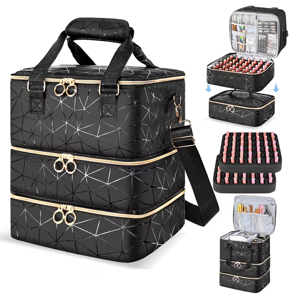 YAYUFN Nail Bag Organizer Case Holds 84 Bottles(15ml/0.5fl.oz) ,3 Layers PU Leather Nail Supplies Storage Organizer Bag,Large Shoulder Strap Nail Polish Holder Travel Carrying Case,Black