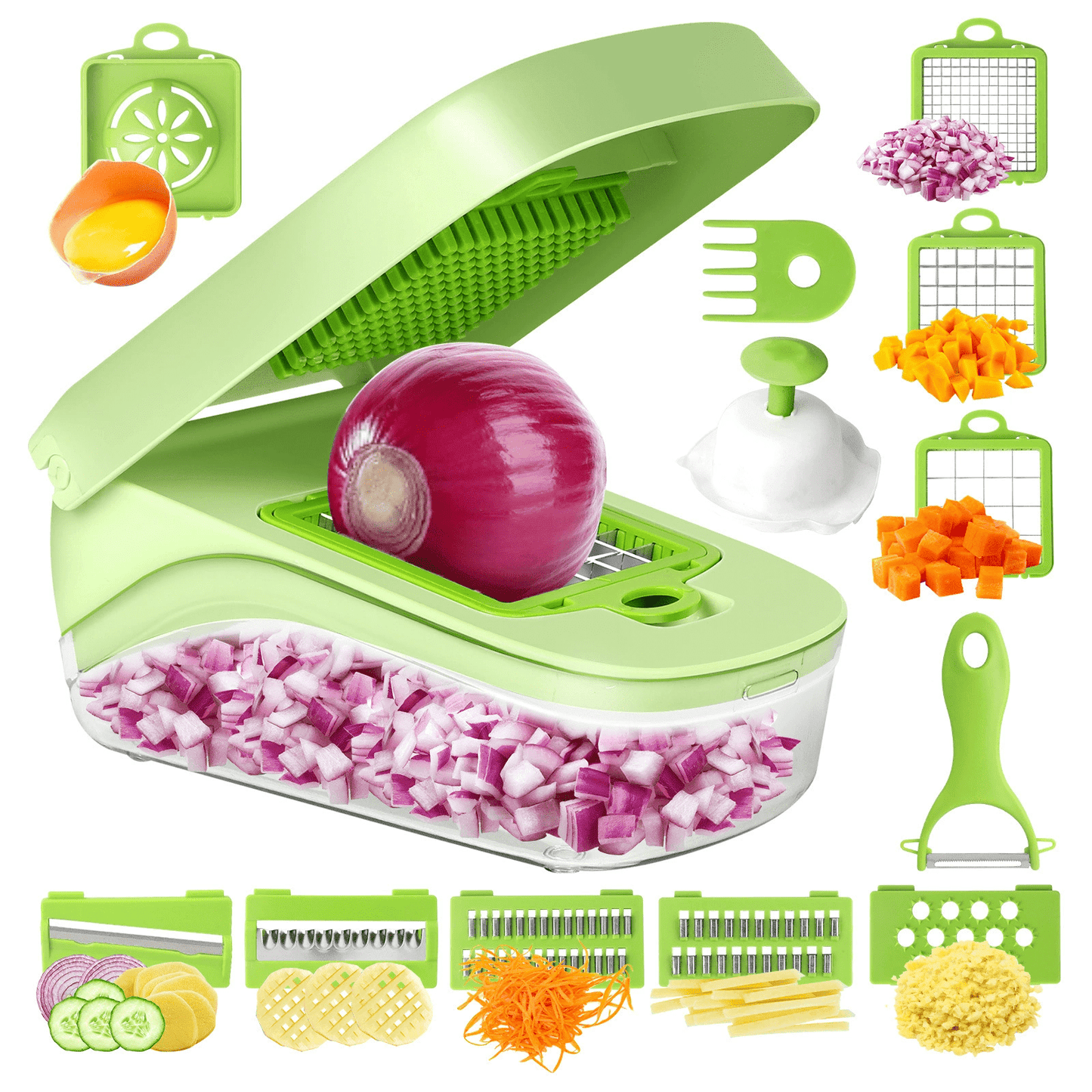 17-in-1 Vegetable Chopper, Multifunctional Vegetable Cutter, Onion Mincer, Cutter, Dicer, Egg Slicer with Container, French Fry Cutter Potato Slicer, Home Essentials & Kitchen Gadgets, Salad Chopper