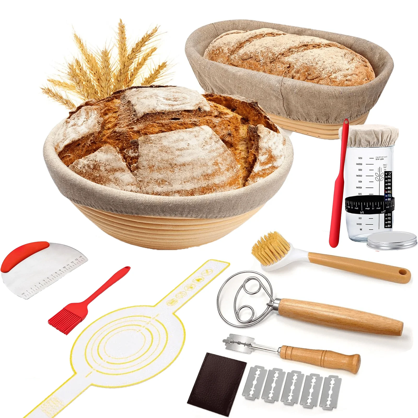 Sourdough Bread Baking Kit, 12-Piece Set – 9" Round & 10" Oval Proofing Baskets with Dough Whisk, Silicone Sling, and Tools for Home Bakers