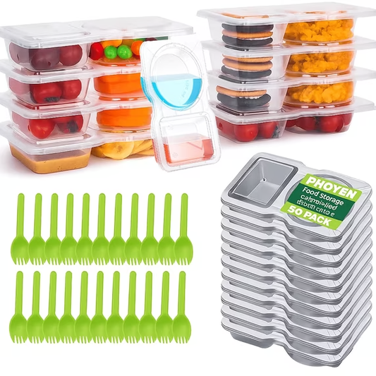 FAKYFJ Snack Prep Containers，Double Compartment Condiment Container with Lids，Snack Containers, Leakproof Snack Pack Containers with Spoons for School, Office Lunches, and Take-out Sauces 50 Pack