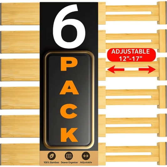 FAKYFJ Bamboo Drawer Dividers Organizers, Adjustable Drawer Divider for Clothes, Kitchen, Dresser, Bedroom, Bathroom and Office, 6-Pack (Natural, 12-17 IN)