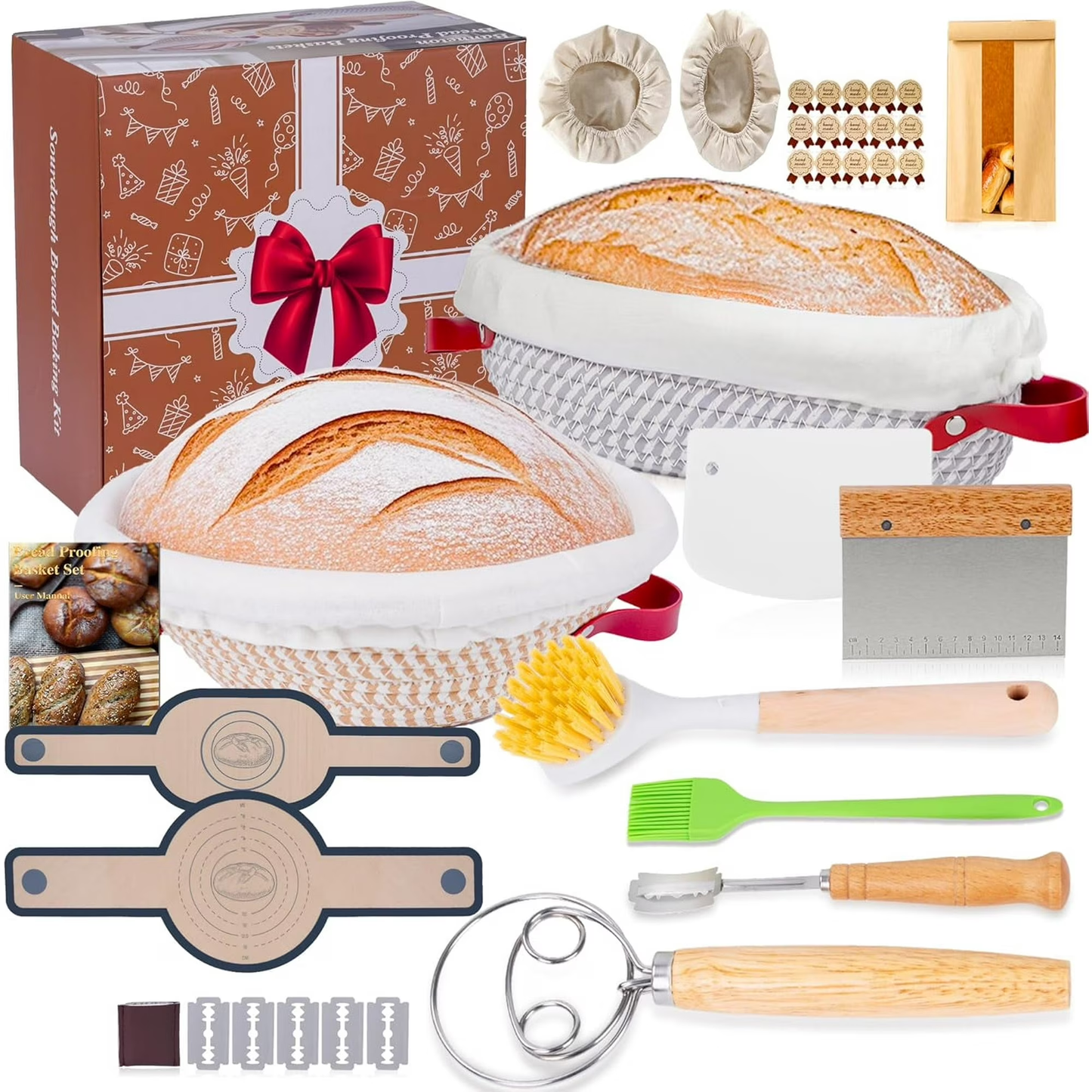 Bread Proofing Basket Set – Pastry Tool & Sourdough Starter Kit for Homemade Bread, 9" Round & 10" Oval Sourdough Baskets with Baking Tools
