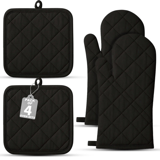 Oven Mitts and Pot Holders 4 pcs Set，ANUNU Extra Thicken Long Kitchen Cotton Oven Glove for Cooking（black）