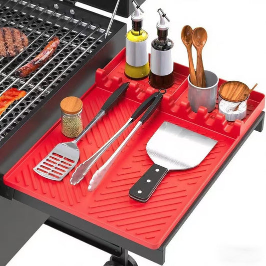 Silicone Grill Mat, ANUNU Griddle Tools Mat for Blackstone, Spatula Grill Mat with Drip Pad for Kitchen, Cooking, Countertop, BBQ Caddy Utensils Holder Griddle Accessories for Blackstone（red））
