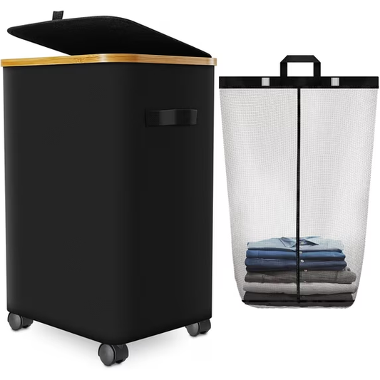 Slim Laundry Hamper with Lid and Wheels, 110L Large Collapsible Laundry Basket, Clothes Hamper with Bag Removable Easy to Carry, Dirty Hampers for Bedroom, Bathroom, Laundry Room-Black