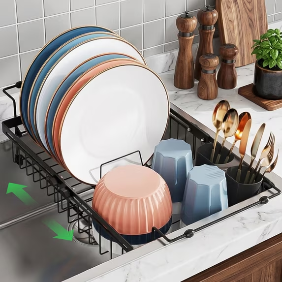 Dish Drying Rack in Sink - Expandable Stainless Steel Dish Rack Over the Sink, Kitchen Sink Drain Strainer with Cutlery Holder, 12"~16.8" L x 8.6" W x 5.7" H, Black