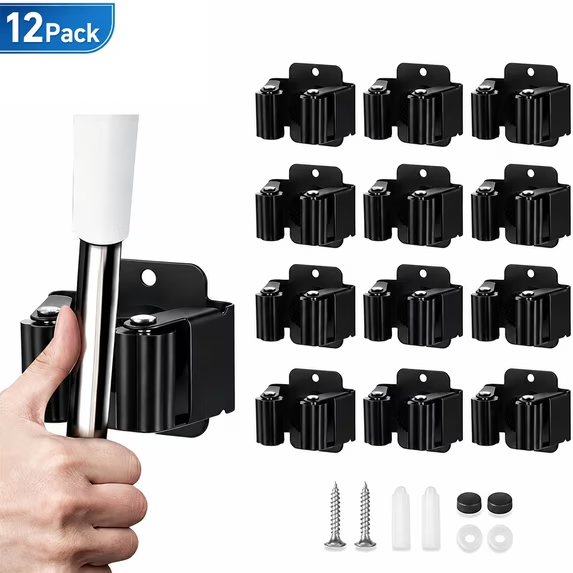LQIQIZ 12 Pack Broom and Mop Holder Wall Mounted, Heavy Duty Utility Organizer Rack with Screws for Garage, Storage Room, Kitchen, Laundry & Garden Tool Storage