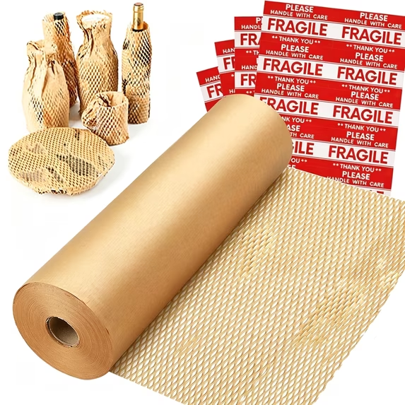 LQIQIZ Honeycomb Packaging Paper, 12" x 164' Perforated Cushioning Wrap with 10 Fragile Stickers, Bubble Wrap Alternative for Shipping, Protecting Fragile Items and Glassware